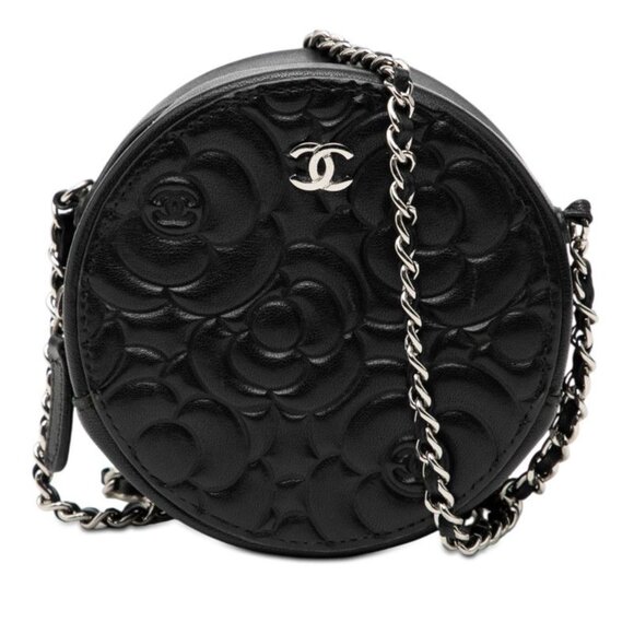 Chanel Handbags - ★SOLD★ Chanel Camellia Round Mini Chain Shoulder Bag Pochette Black Lambskin